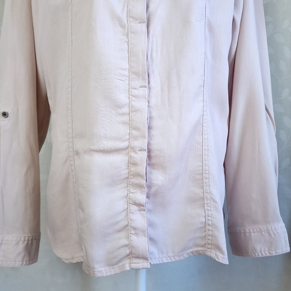 Prana Alda Relaxed Fit Button Down Roll Tab Slub Denim Top Dovetail Beige Large - Picture 7 of 16